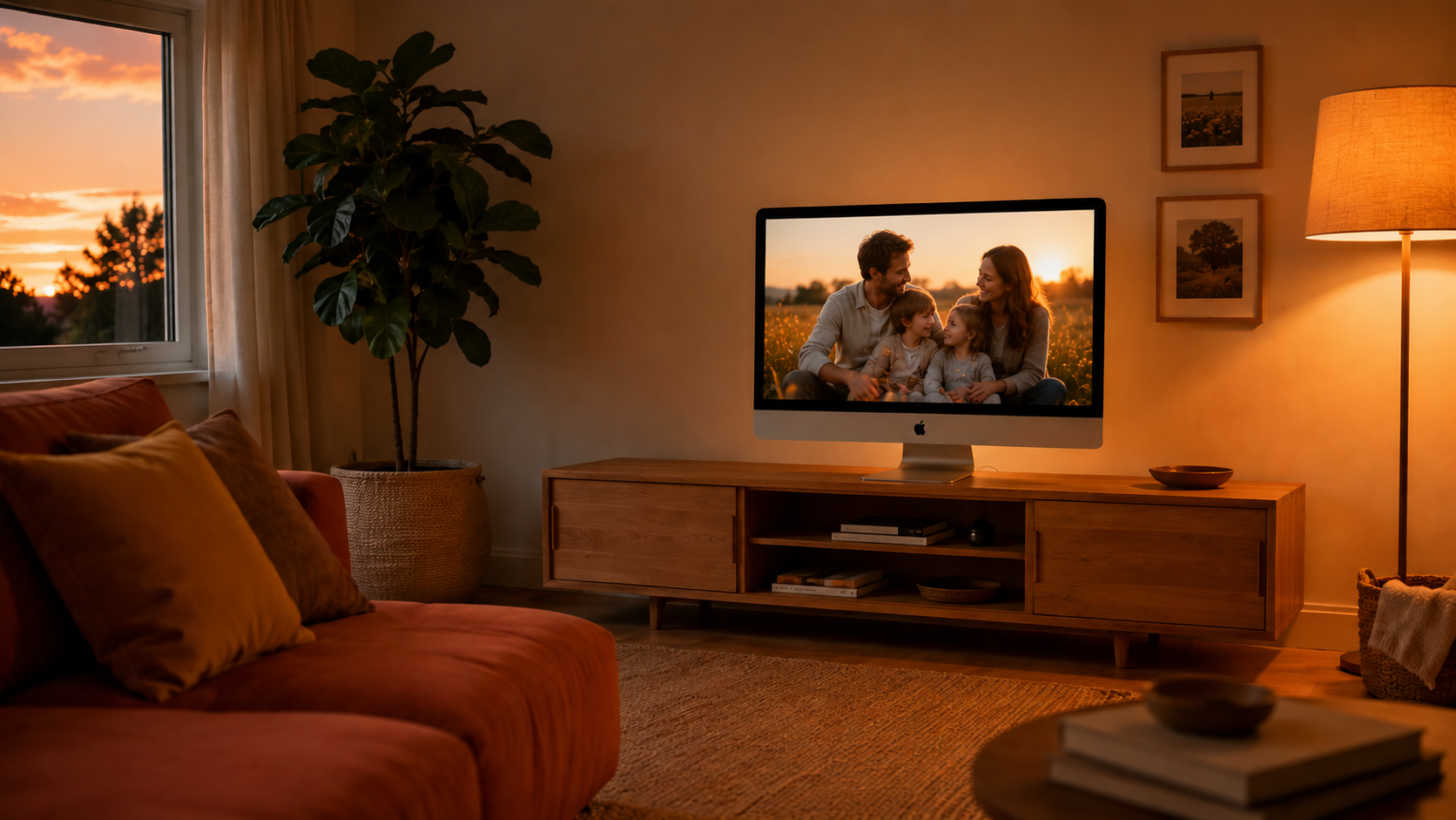 A cozy family living room at dusk with a large iMac glowing with a warm family photo